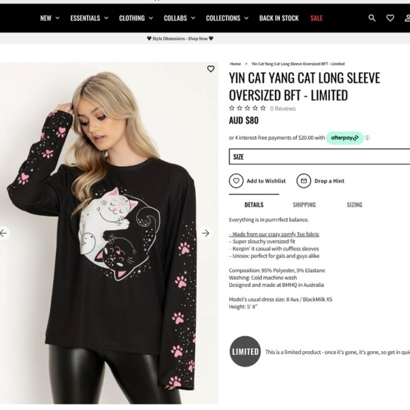 BlackMilk Yin Yang Cat Oversized Long Sleeve BFT (Boyfriend Fit Tee) - Picture 9 of 11
